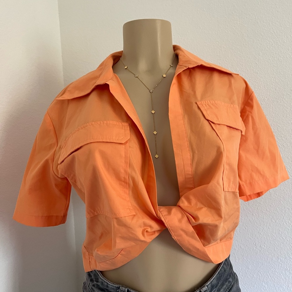 Hers & Mine Orange Twist Front Crop Top | Open Back Button Shirt | Size S